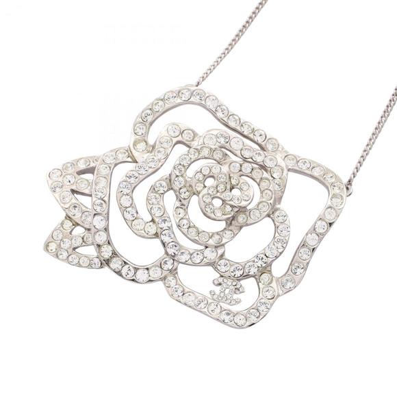 CHANEL Camellia Coco Mark Necklace in Stainless Steel with Rhinestones, Silver a - Picture 1 of 5